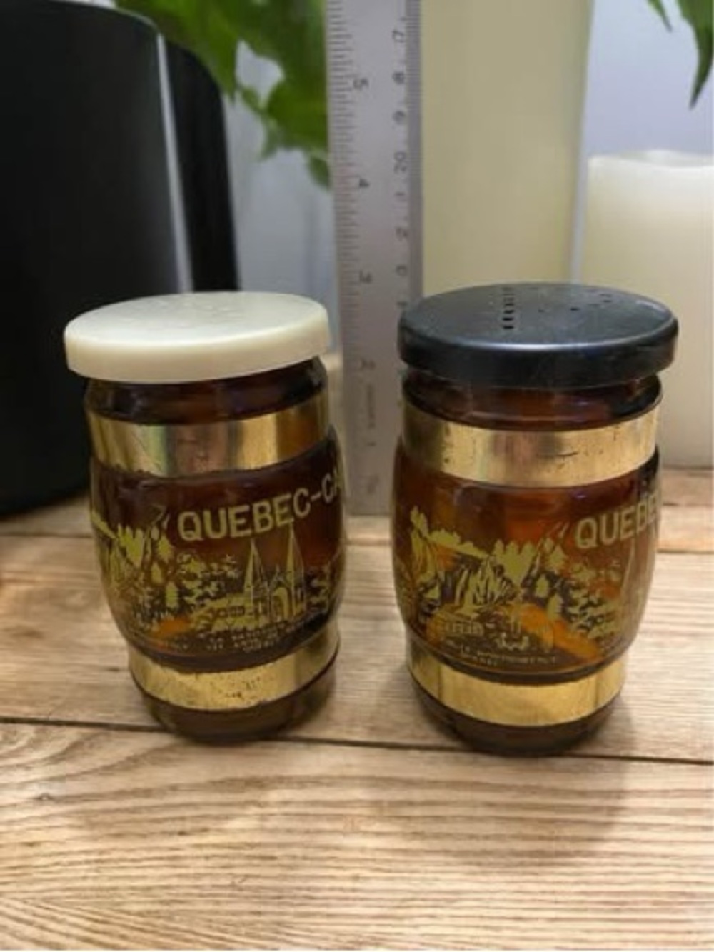 Vintage Amber Glass Barrel Salt & Pepper Shakers Wooden Handle Quebec Canada